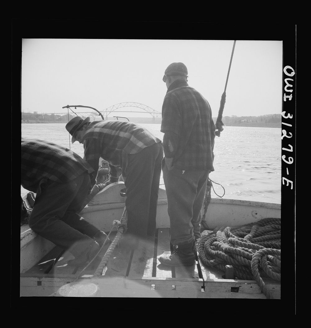 [Untitled photo, possibly related to: On board the fishing boat Alden out of Gloucester, Massachusetts. Fishermen sitting…