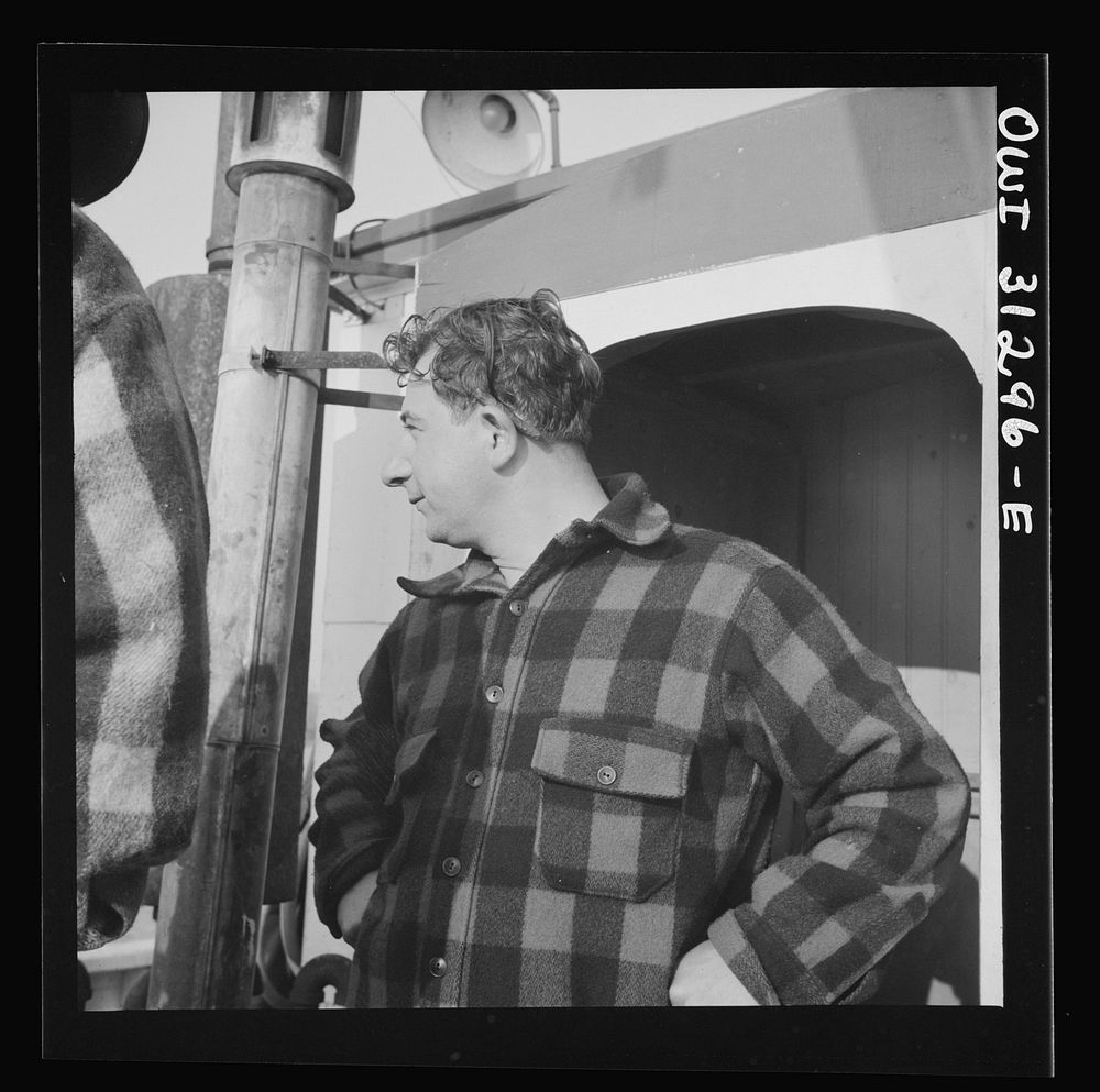 On board the fishing boat Alden out of Gloucester, Massachusetts. Pasquale Maniscaleo, engineer. Sourced from the Library of…