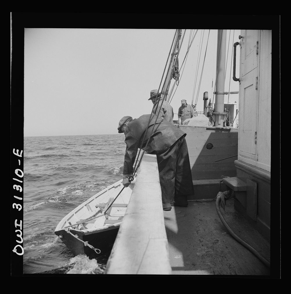 On board the fishing boat Alden, out of Gloucester, Massachusetts. Men letting a dory over the side. Sourced from the…