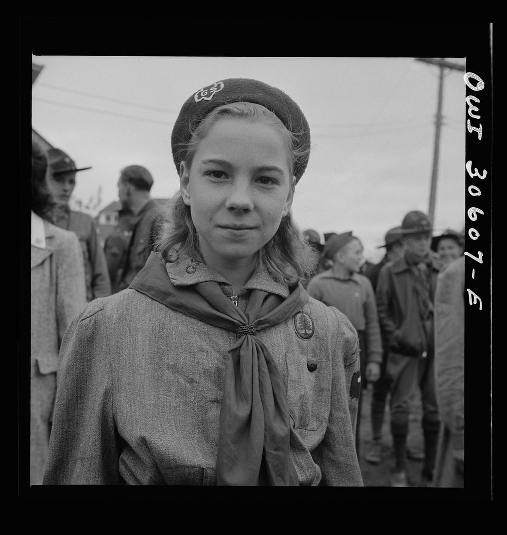 Ashland, Aroostook County, Maine. Girl scout at the Memorial Day ceremonies. Sourced from the Library of Congress.