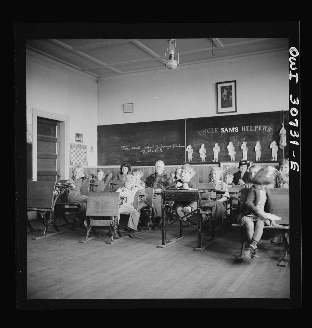 [Untitled photo, possibly related to: Buffalo Hill, Aroostook County, Maine. Congregational choir services held in one-room…