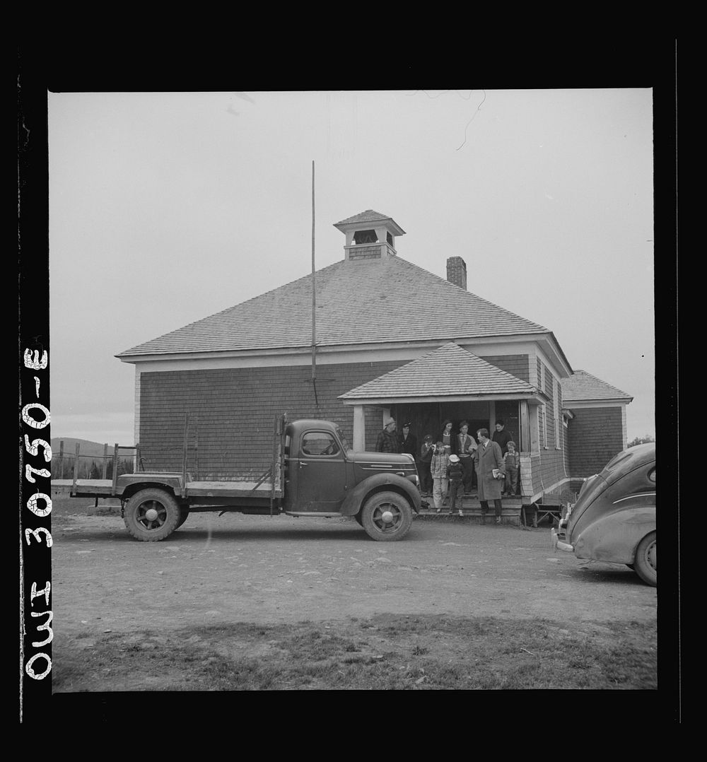 Buffalo Hill, Aroostook County, Maine. One-room rural schoolhouse where the Congregational church services are held every…