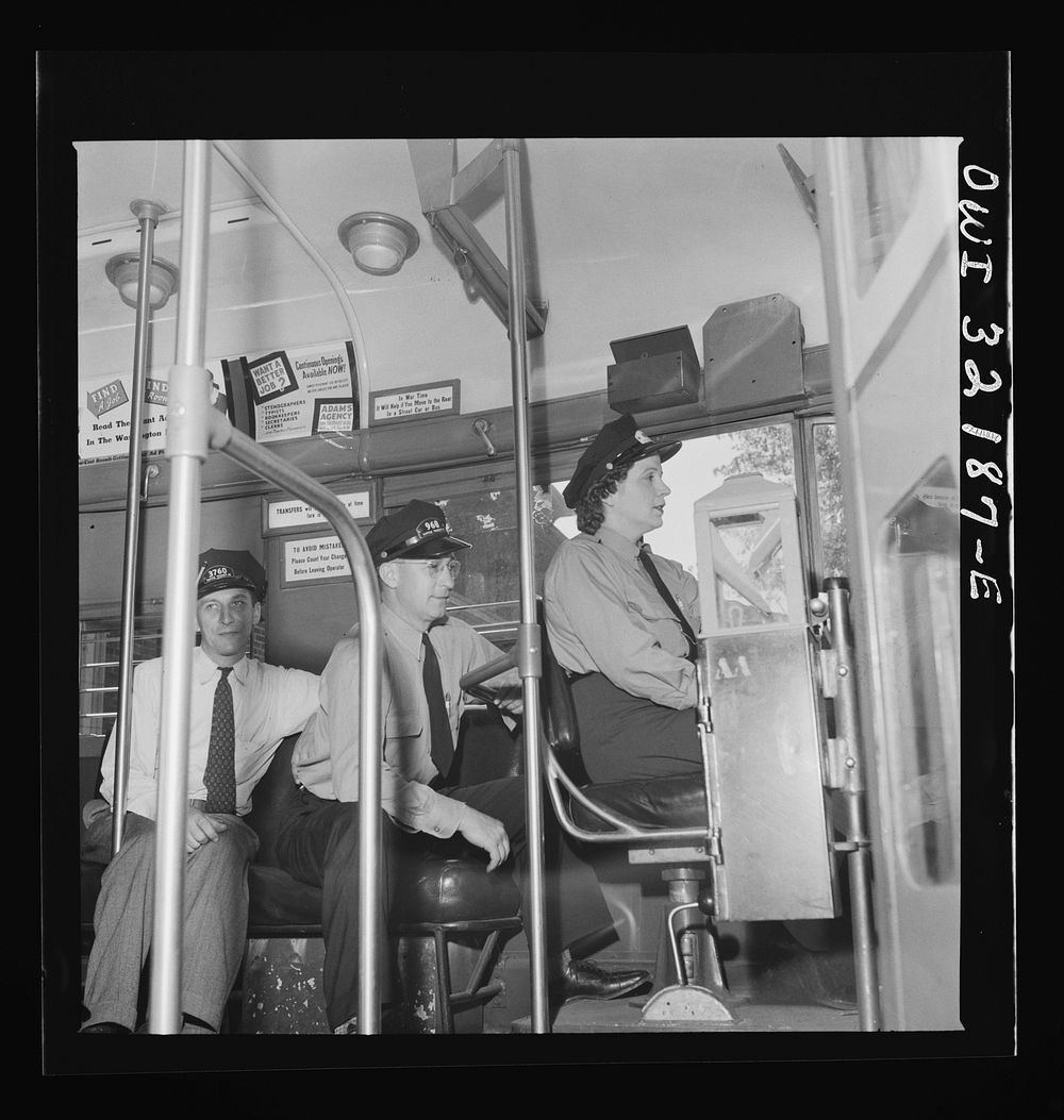 Washington, D.C. An instructor of the Capitol Transit Company teaching a woman to operate a one-man streetcar. Sourced from…