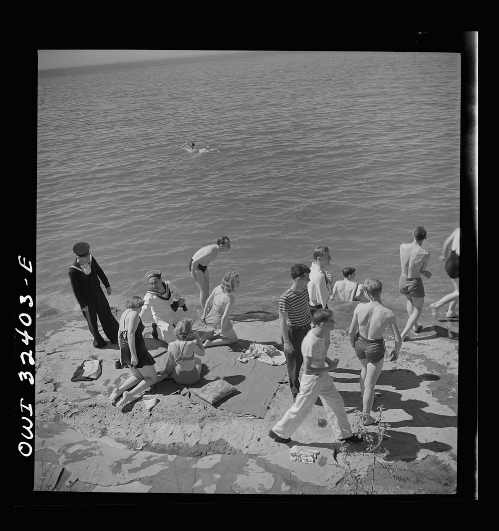 Oswego, New York. United Nations heroes with their hostesses by Lake Ontario, at a swimming party held for visitors'…