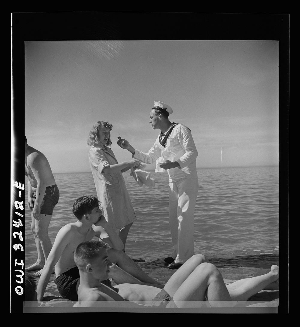 [Untitled photo, possibly related to: Oswego, New York. United Nations heroes with their hostesses by Lake Ontario, at a…
