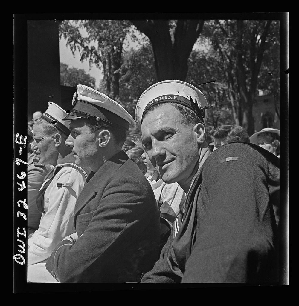 Oswego, New York. Two Belgian sailors, and one French naval officer at the Flag Day ceremony at the Elks Club during United…