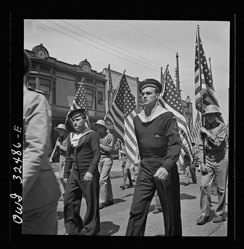 Oswego, New York. United Nations heroes marching in the Flag Day parade during United Nations week. Sourced from the Library…