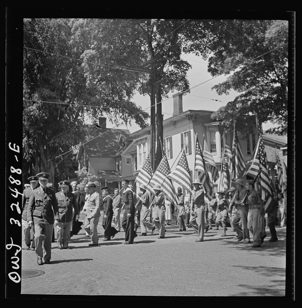 [Untitled photo, possibly related to: Oswego, New York. United Nations heroes marching in the Flag Day parade during United…