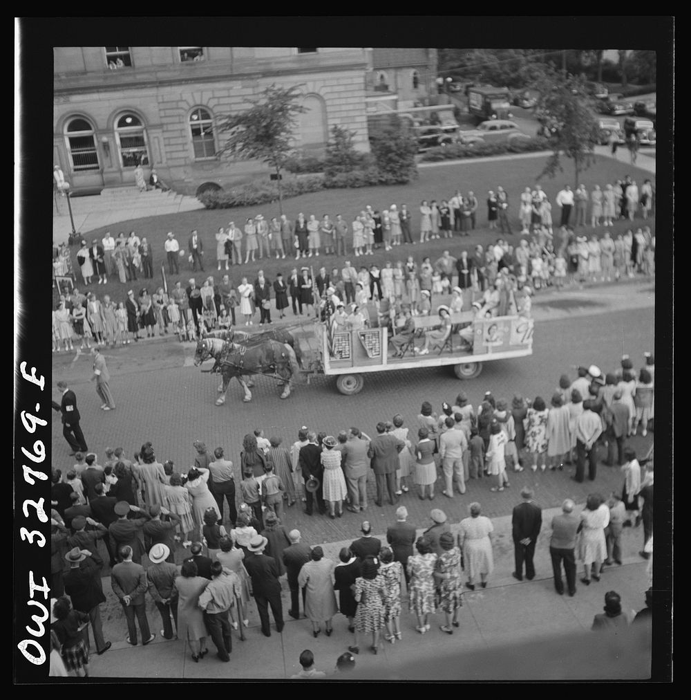 [Untitled photo, possibly related to: Oswego, New York. Ames Ironworks float, drawn by horses because of the gas rationing…