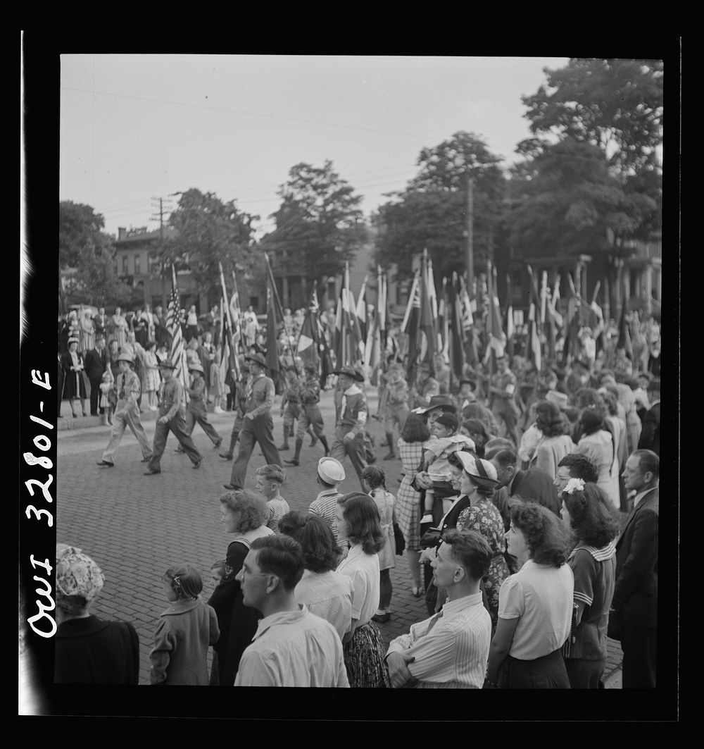 [Untitled photo, possibly related to: Oswego, New York. United Nations heroes marching in the Flag Day parade during United…
