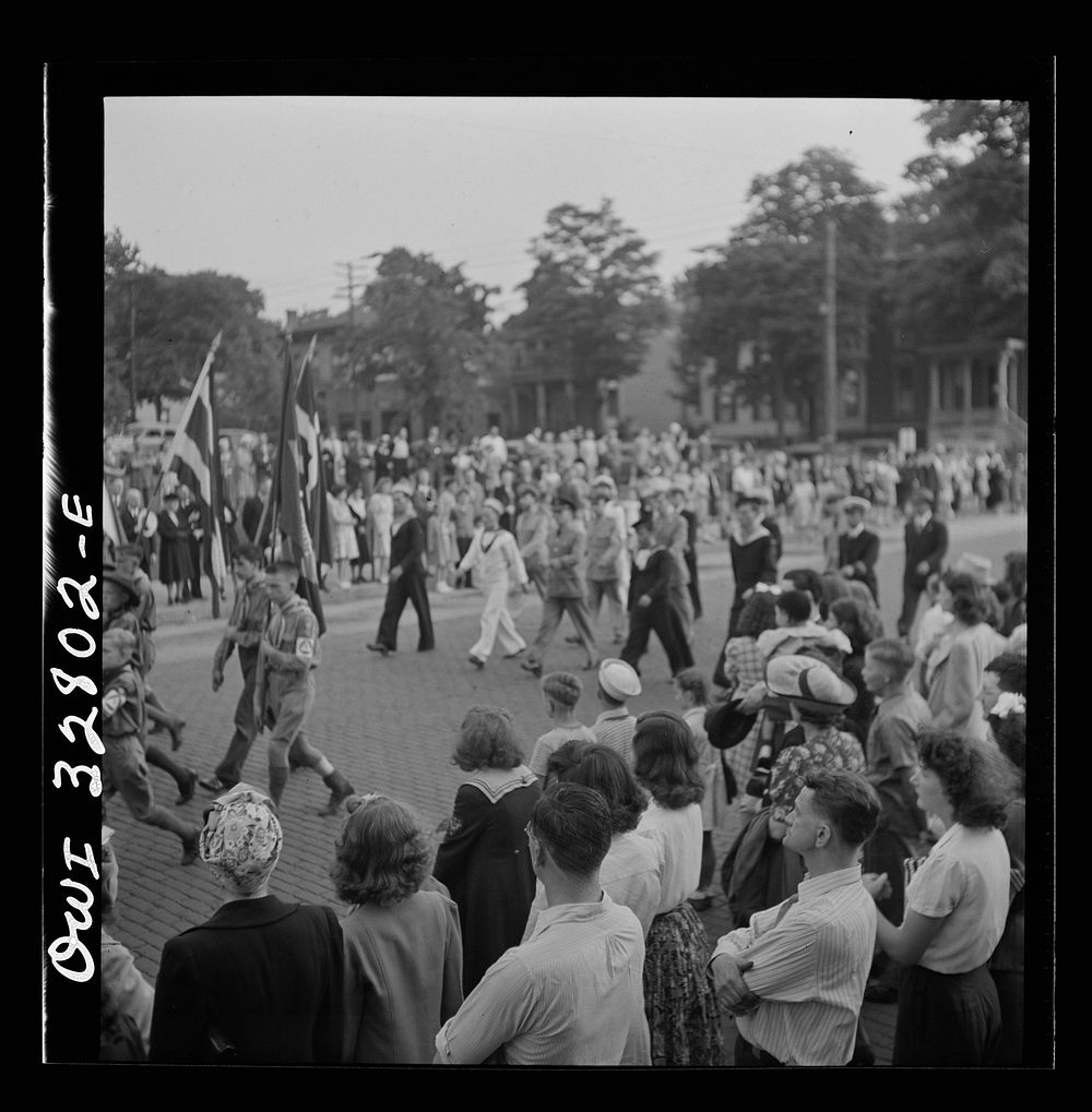 [Untitled photo, possibly related to: Oswego, New York. United Nations heroes marching in the Flag Day parade on Bridge…