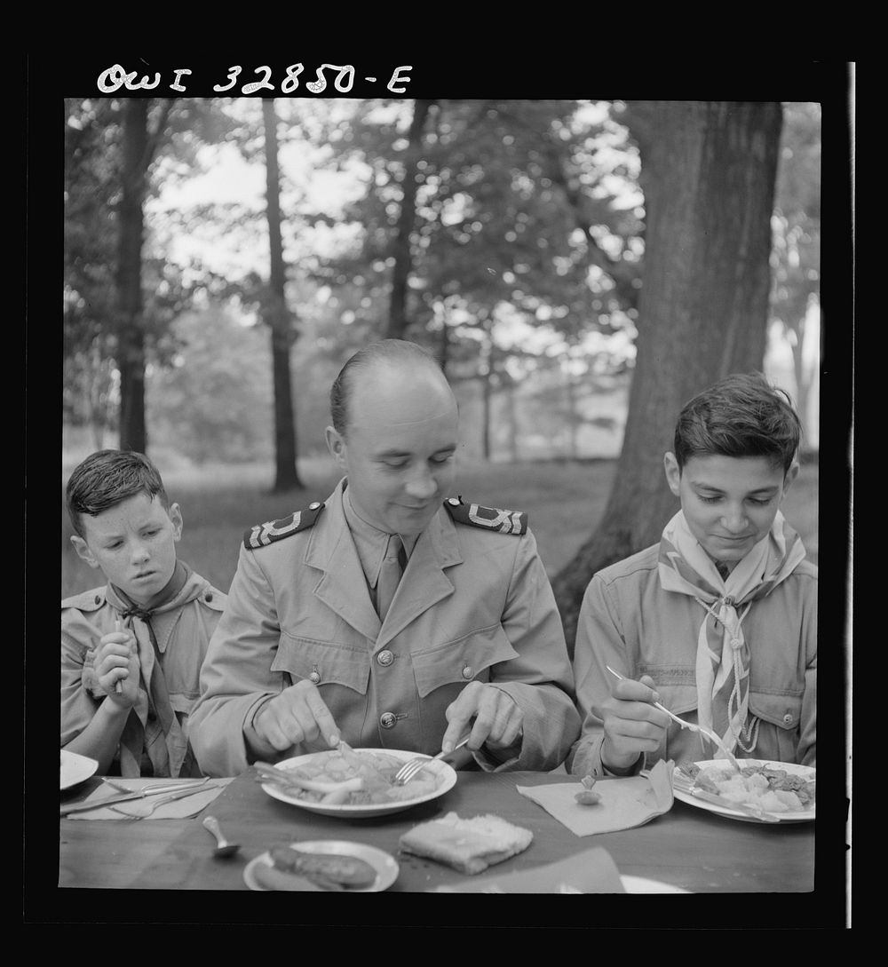 [Untitled photo, possibly related to: Oswego, New York. Norwegian and Belgian sailors having lunch at the boy scout outing…