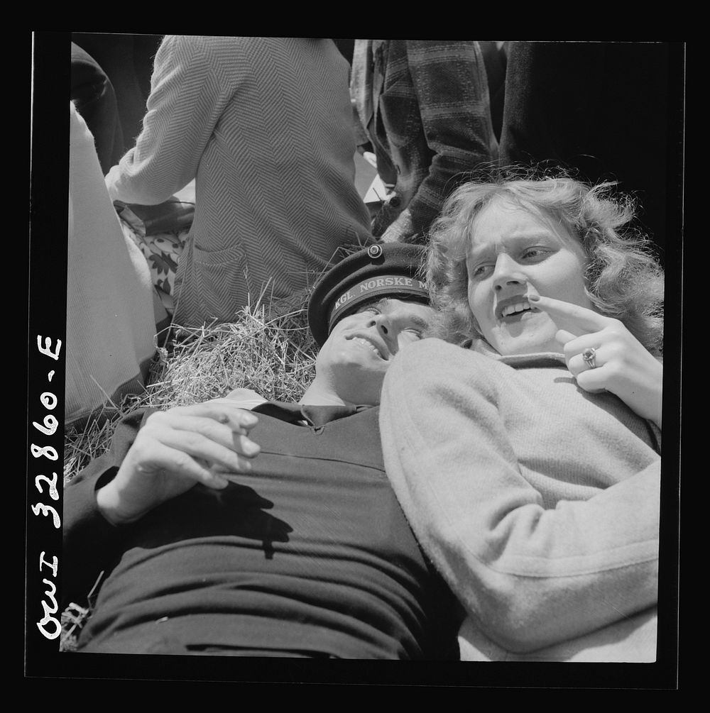 [Untitled photo, possibly related to: Oswego, New York. A Norwegian sailor and an Oswego girl on a hayride during United…