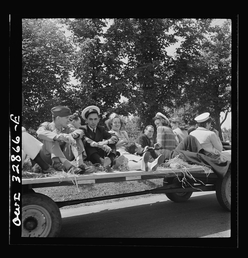 [Untitled photo, possibly related to: Oswego, New York. A hayride for the United Nations heroes and Oswego girls, during…