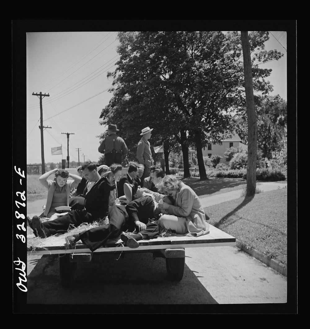 [Untitled photo, possibly related to: Oswego, New York. A hayride for the United Nations heores and Oswego girls, during…