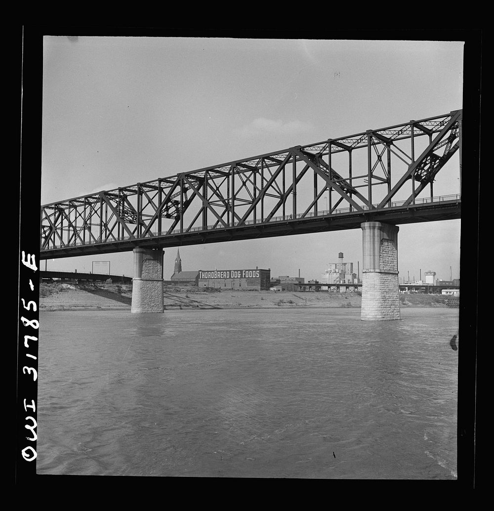 Cincinnati (vicinity), Ohio. A bridge over the Ohio River, as seen from the towboat Ernest T. Weir. Sourced from the Library…