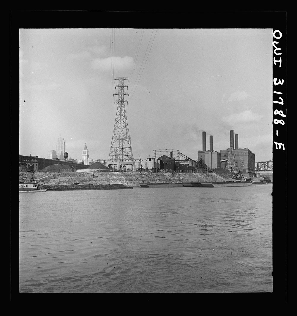 Cincinnati, Ohio. The shoreline as seen from the towboat Ernest T. Weir on the Ohio River. Sourced from the Library of…