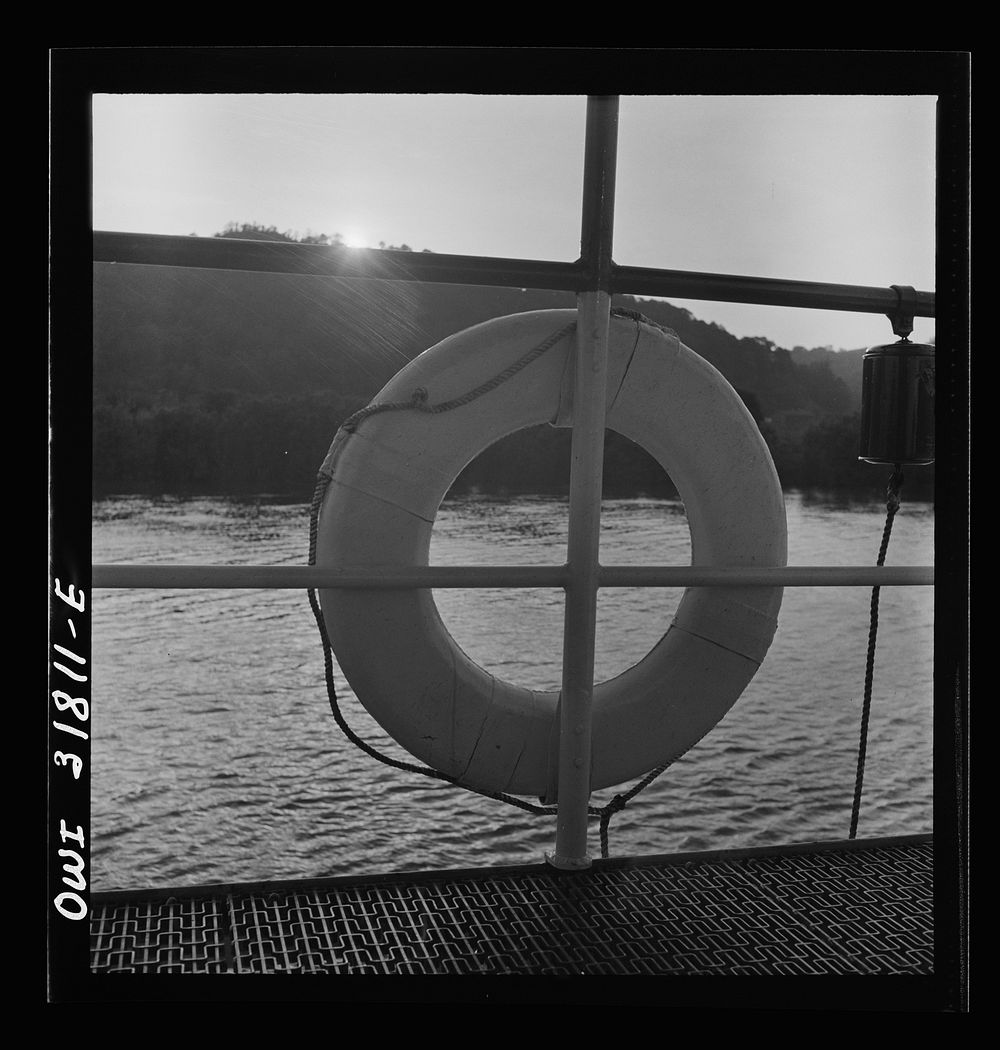 A life preserver on the towboat Ernest T. Weir going down the Ohio River to Cincinnati. Sourced from the Library of Congress.