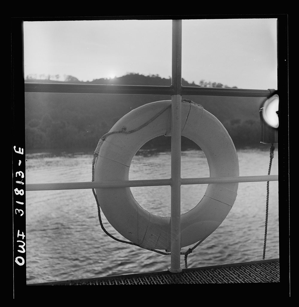 [Untitled photo, possibly related to: A life preserver on the towboat Ernest T. Weir going down the Ohio River to…