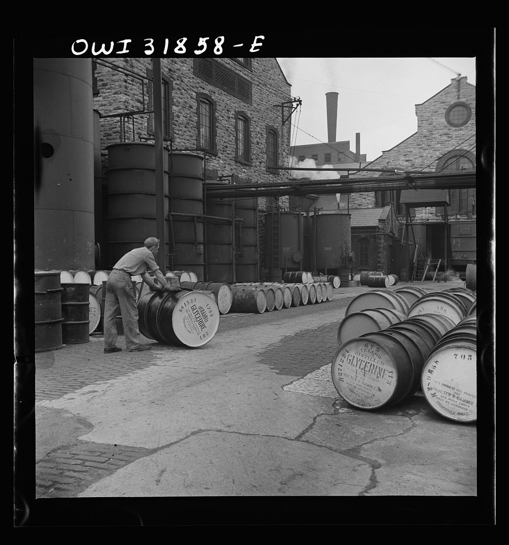 Proctor [i.e. Procter] and Gamble Distributing Company, Cincinnati, Ohio. Drums of glycerine ready for shipment. Sourced…