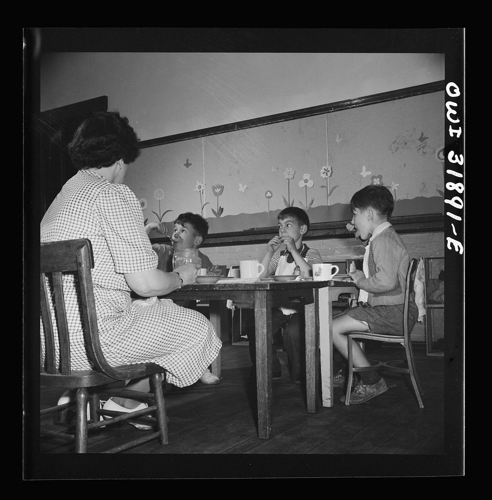 New Britain, Connecticut. A child care center, opened September 15, 1942, for thirty children, aged two to five, of mothers…