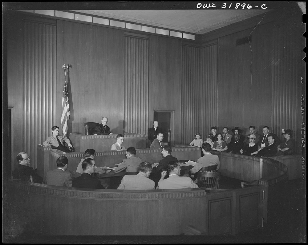 A courtroom scene during a case on illegal meat sales or " marketing." A reconstruction photographed during the filming of…