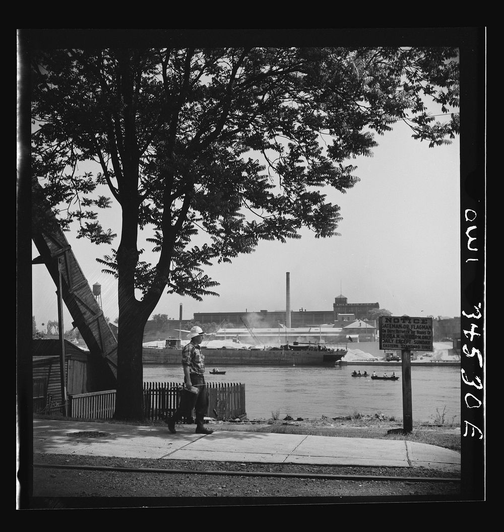 Oswego, New York. View across the Oswego River opposite the bauxite docks. Sourced from the Library of Congress.