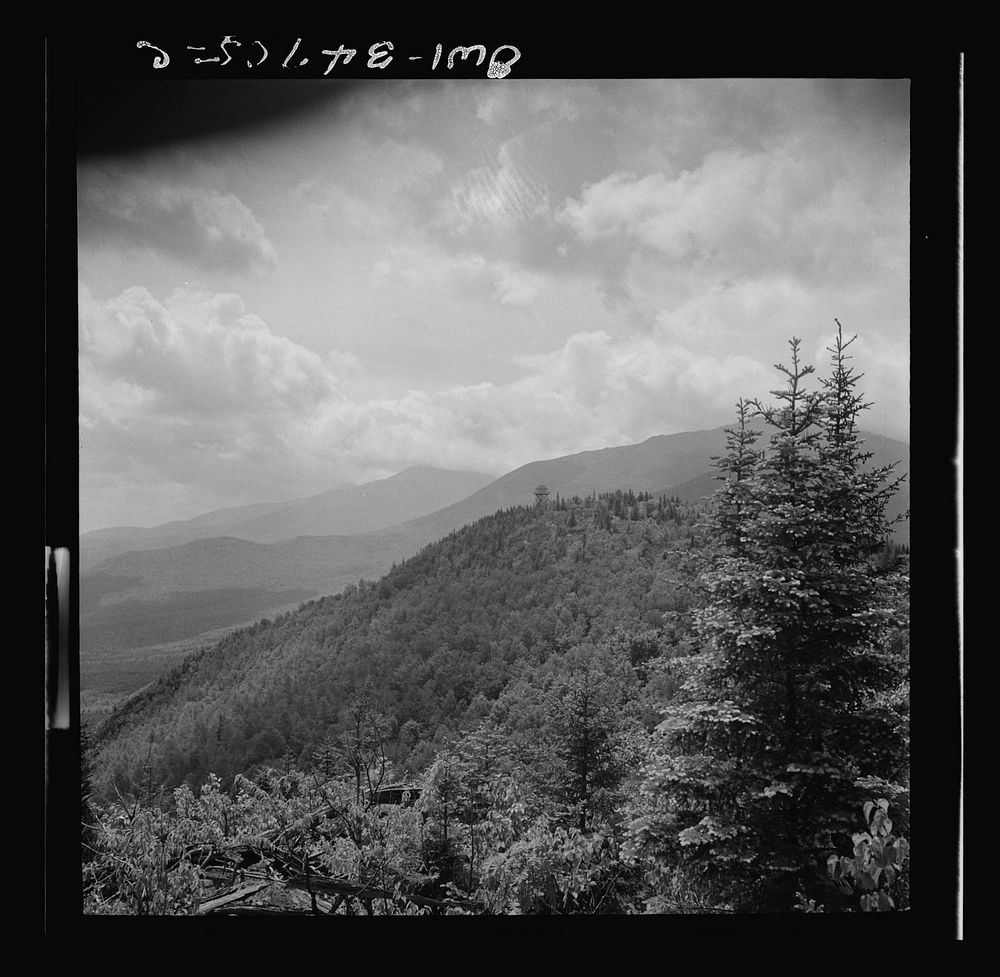 Gorham (vicinity), New Hampshire. Fire tower on top of Pine Mountain. Sourced from the Library of Congress.