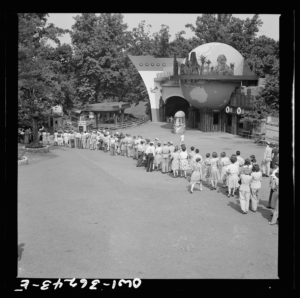 [Untitled photo, possibly related to: Glen Echo, Maryland. A line of people waiting to get into the swimming pool at the…