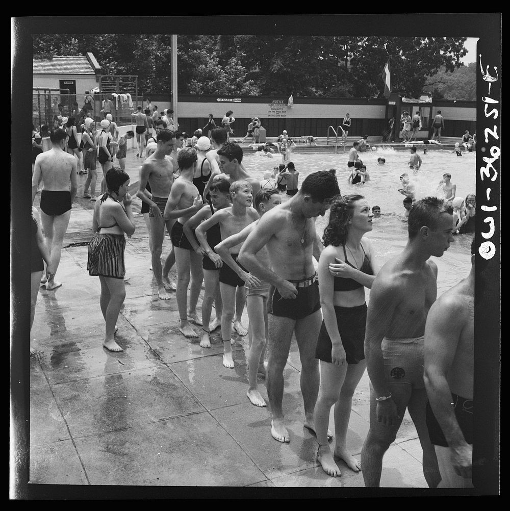 Glen Echo, Maryland. A line at the sliding board at the swimming pool in the Glen Echo amusement park. Sourced from the…