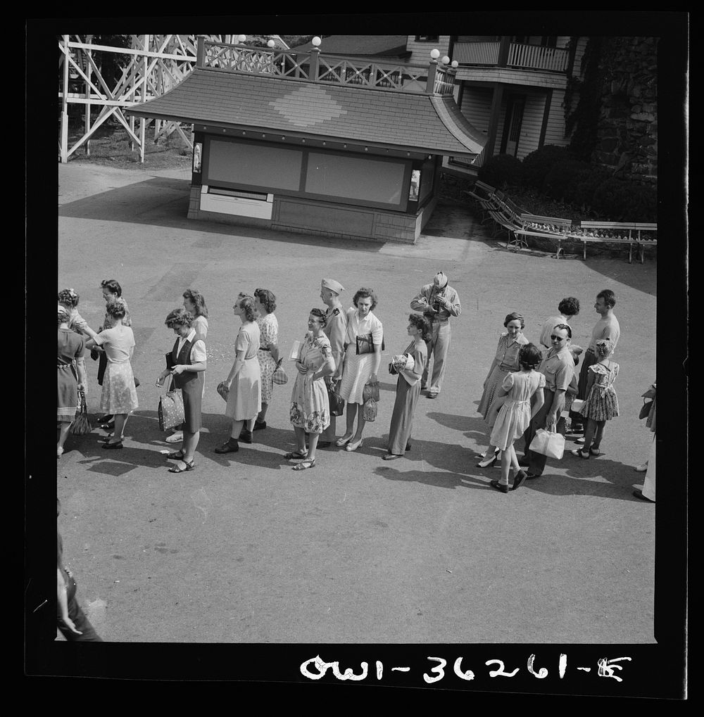 Glen Echo, Maryland. A line of people waiting to get into the swimming pool at the Glen Echo amusement park. Sourced from…