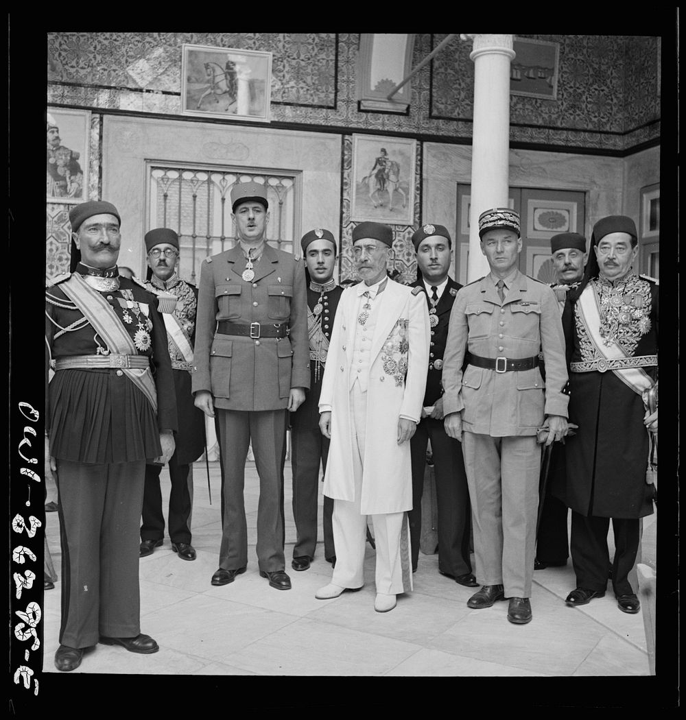 Carthage, Tunisia. General de Gaulle, the Bey of Tunis and General Mast in the courtyard of the bey's summer palace. Sourced…