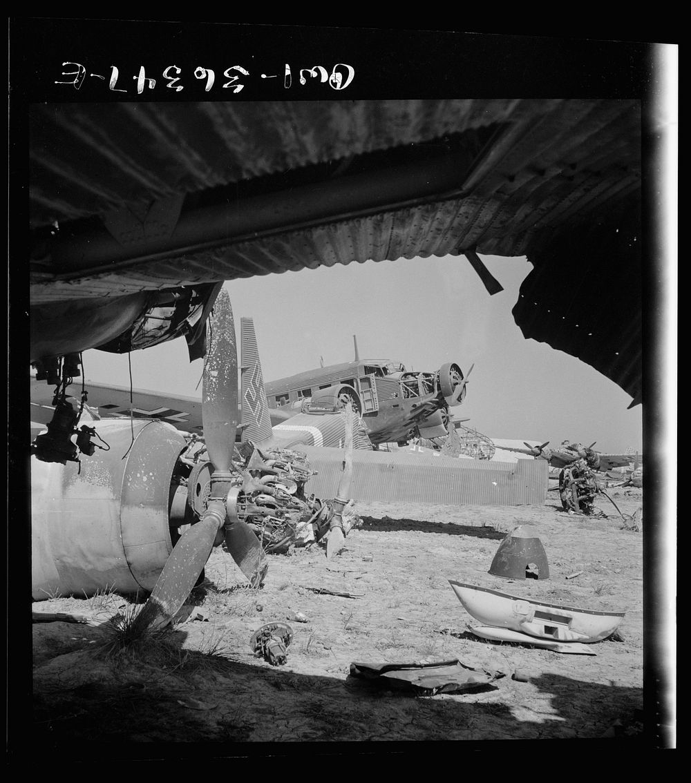 Tunis, Tunisia. Wrecked German planes at El Aouiana airport. Sourced from the Library of Congress.
