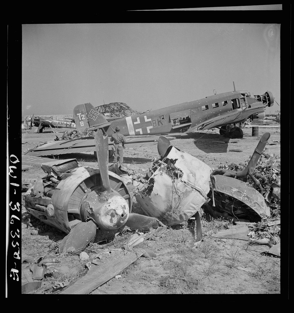 Tunis, Tunisia. Wrecked German planes at El Aouiana airport. Sourced from the Library of Congress.
