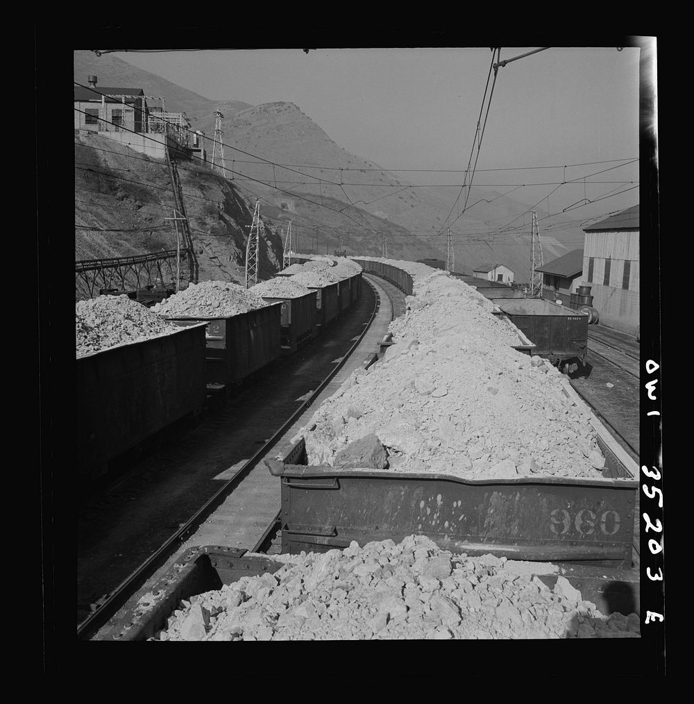 Bingham Canyon, Utah. Loads of ore from the Utah Copper Company open-pit workings at Carr Fork. Sourced from the Library of…