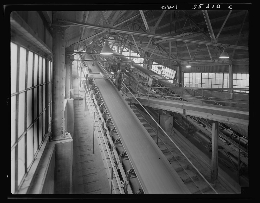 A conveyor belt which carries fine copper ore and discharges it into bins at one of the concentrators of the Utah Copper…