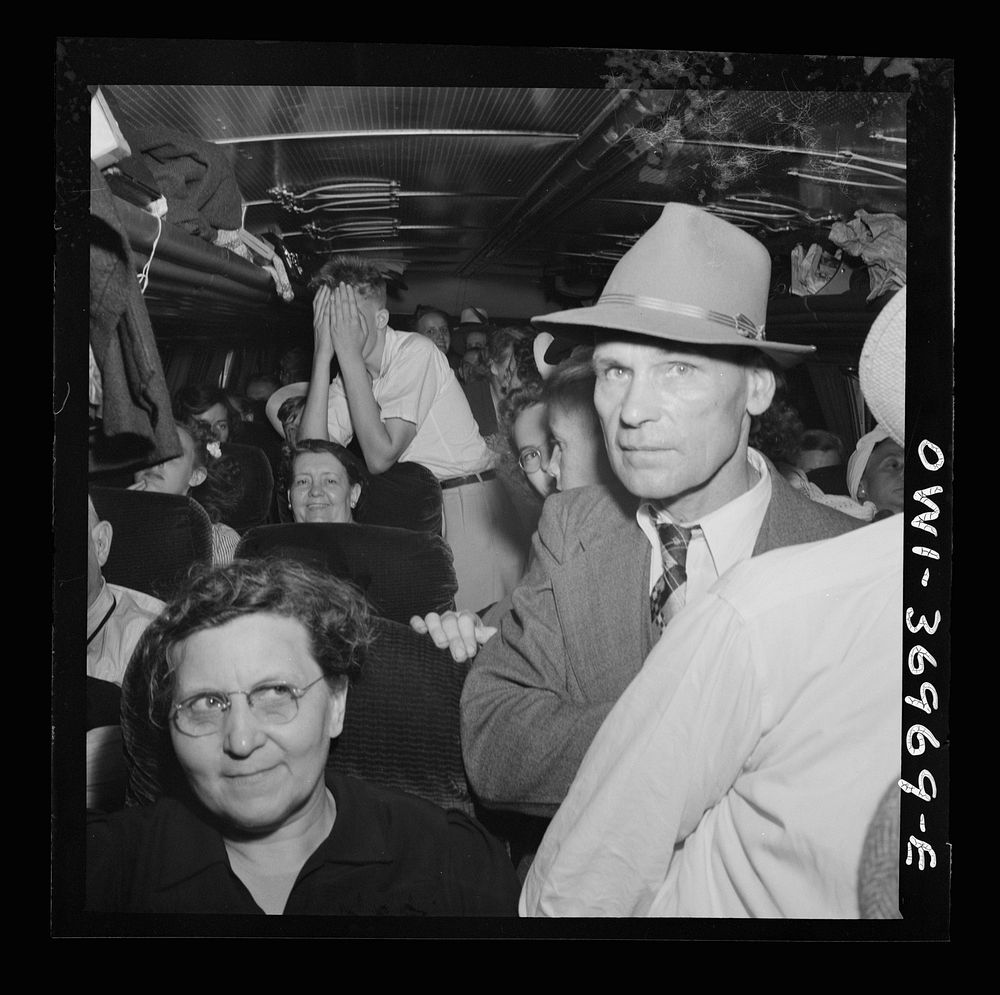Passengers on a Greyhound bus going from Washington, D.C. to Pittsburgh, Pennsylvania. Sourced from the Library of Congress.