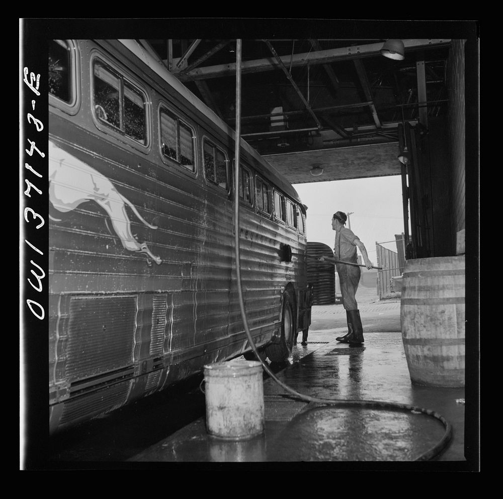 Pittsburgh, Pennsylvania. Washing a bus at the Greyhound garage. Sourced from the Library of Congress.