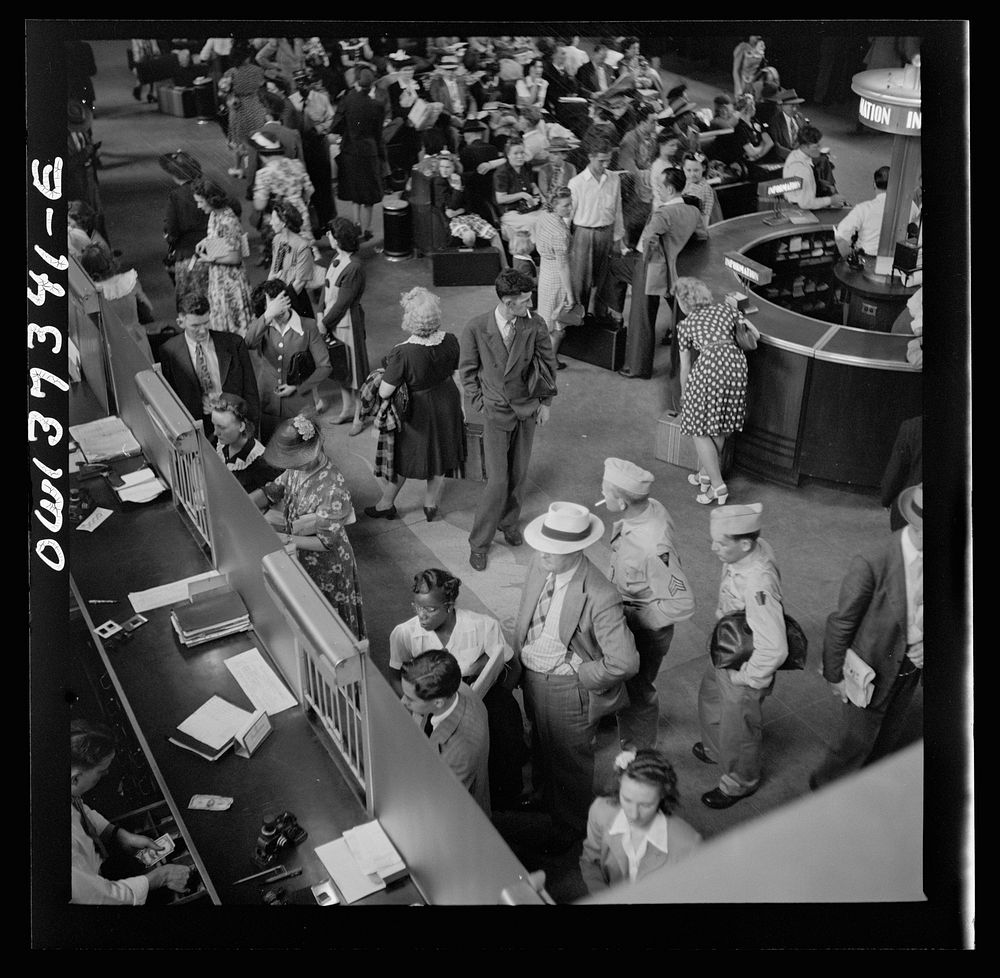 Pittsburgh, Pennsylvania. People buying tickets at the Greyhound bus terminal. Sourced from the Library of Congress.