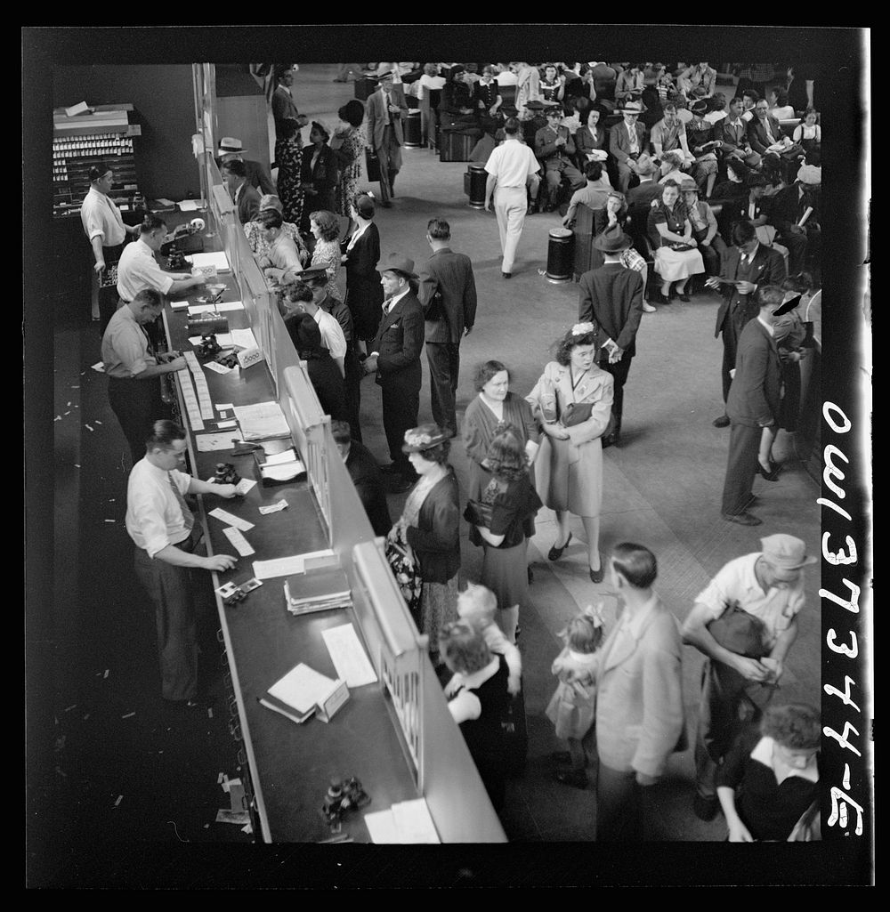 [Untitled photo, possibly related to: Pittsburgh, Pennsylvania. People buying tickets at the Greyhound bus terminal].…