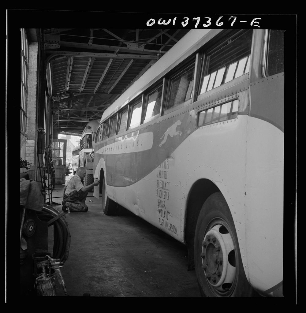 Columbus, Ohio. Working on a bus in the Greyhound garage. Sourced from the Library of Congress.