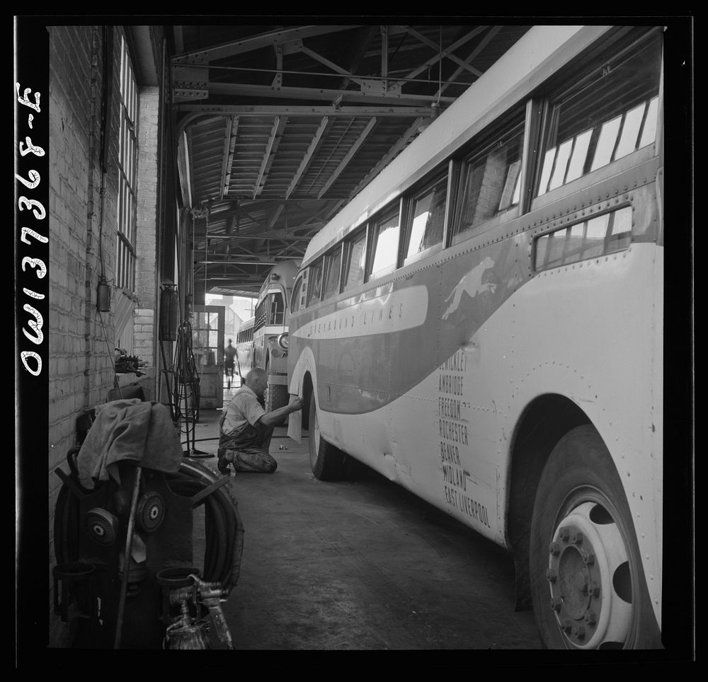 [Untitled photo, possibly related to: Columbus, Ohio. Working on a bus in the Greyhound garage]. Sourced from the Library of…