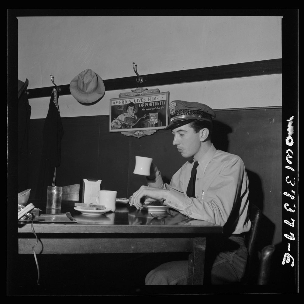 Columbus, Ohio. Lester Ward, a Great Lakes Greyhound bus driver who has just come in from a run. Sourced from the Library of…