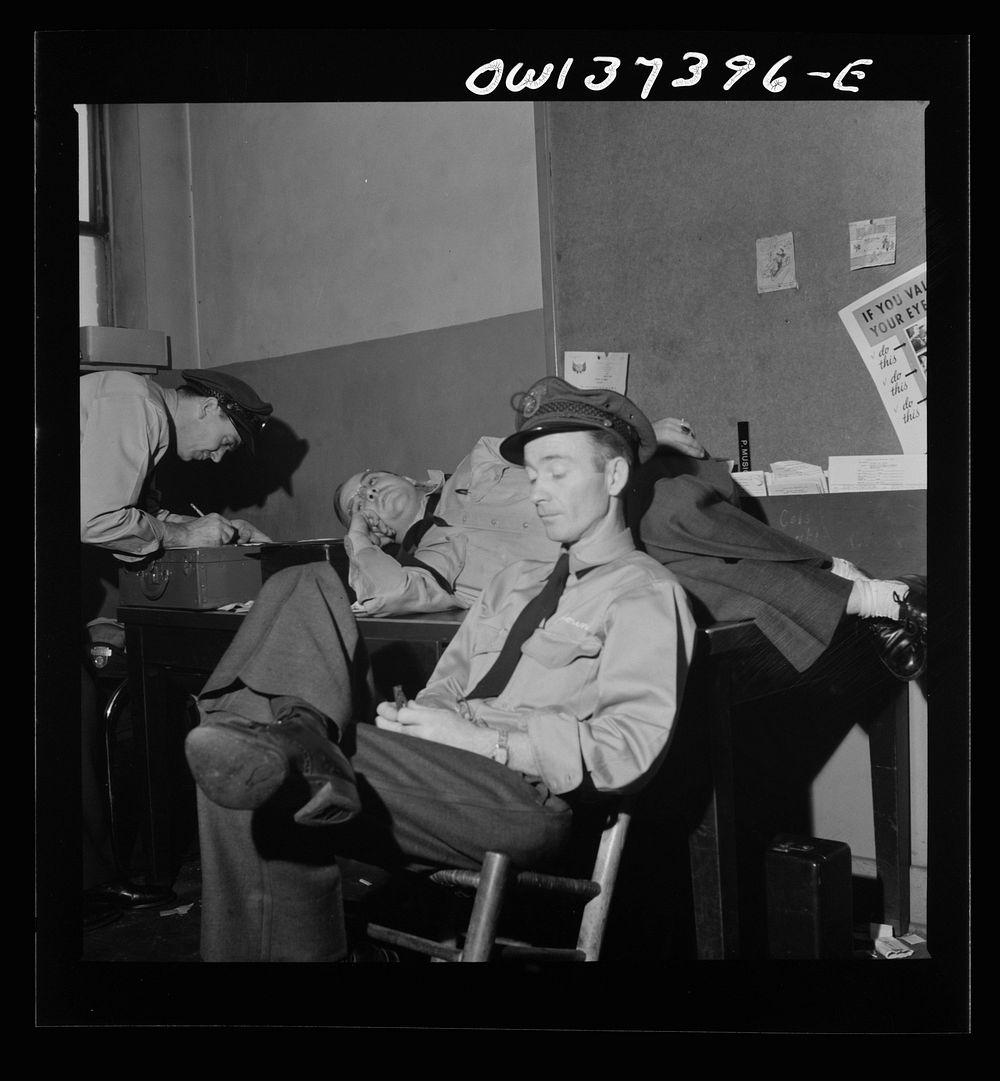 [Untitled photo, possibly related to: Columbus, Ohio. Greyhound bus drivers resting in the drivers' room]. Sourced from the…