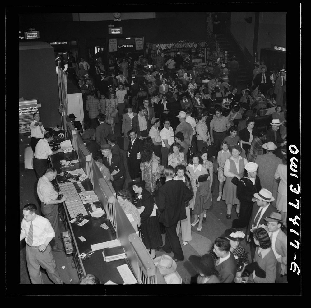 Pittsburgh, Pennsylvania. A crowd buying tickets at the Greyhound bus terminal. Sourced from the Library of Congress.