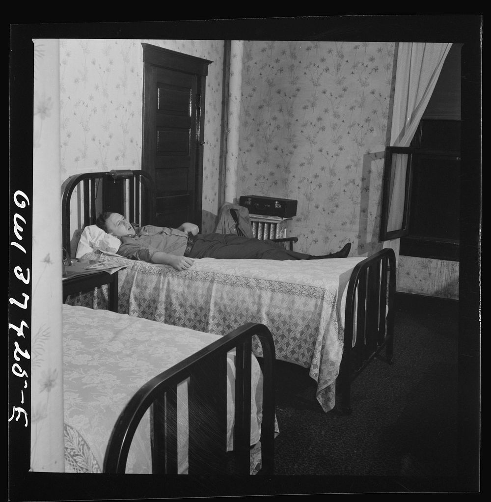 [Untitled photo, possibly related to: Pittsburgh, Pennsylvania. Hotel room where Clem Carson, a Greyhound driver, lives and…