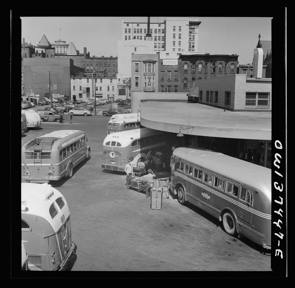 [Untitled photo, possibly related to: Columbus, Ohio. Buses pulled up at the Greyhound station]. Sourced from the Library of…