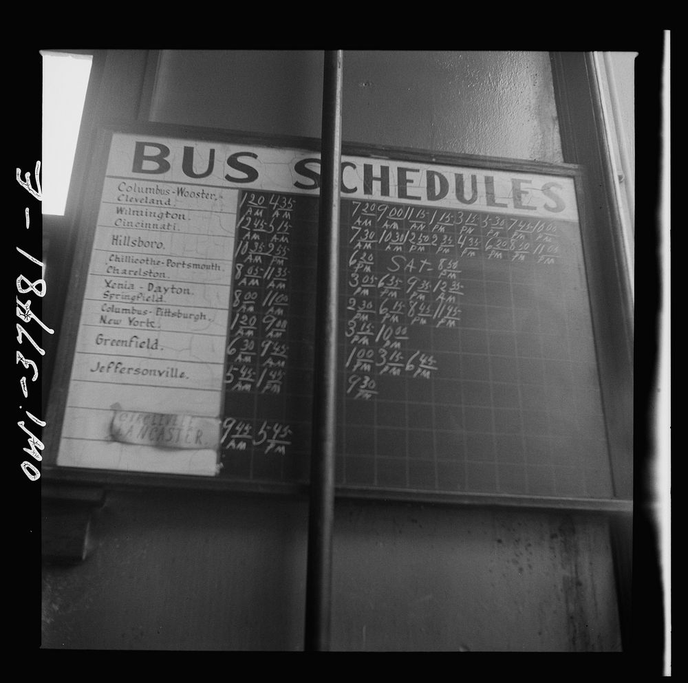 [Untitled photo, possibly related to: Washington Court House, Ohio. Bus schedule at the depot]. Sourced from the Library of…