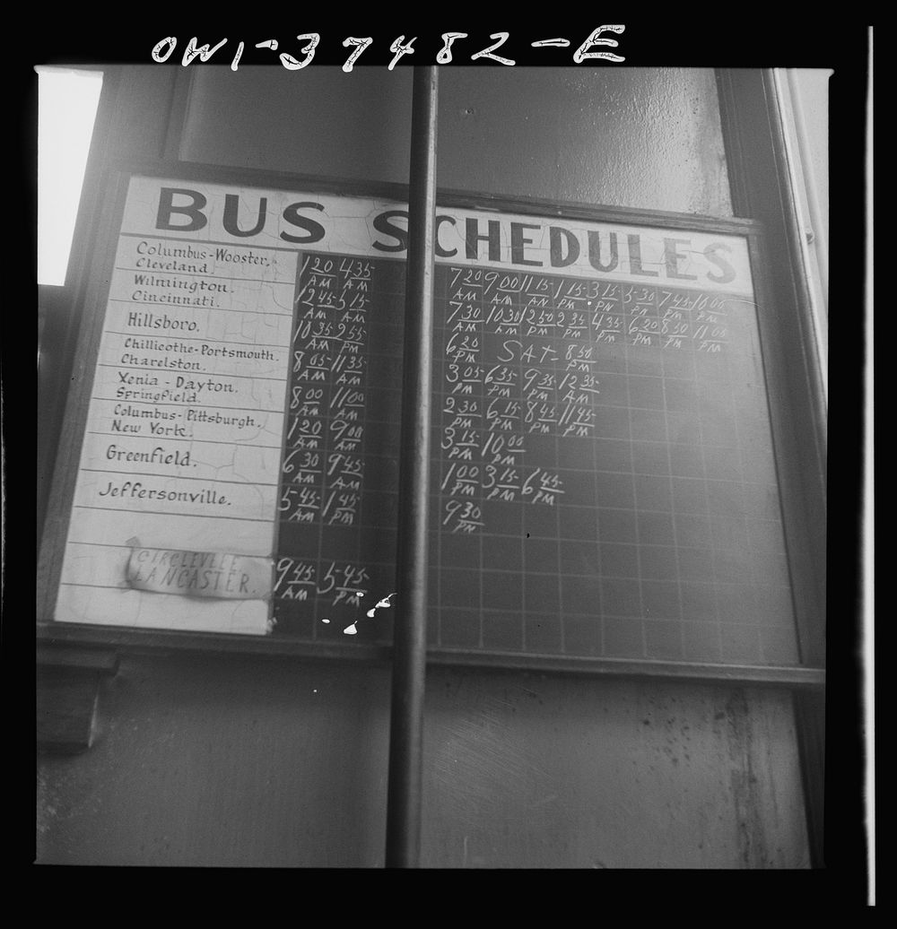 Washington Court House, Ohio. Bus schedule at the depot. Sourced from the Library of Congress.