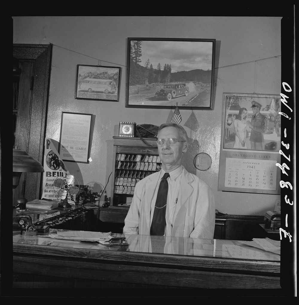 Washington Court House, Ohio. A ticket agent at a small bus station. Sourced from the Library of Congress.